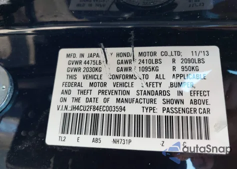 2014 Acura Tsx 2.4 из США, поврежденный, VIN JH4CU2F84EC003594